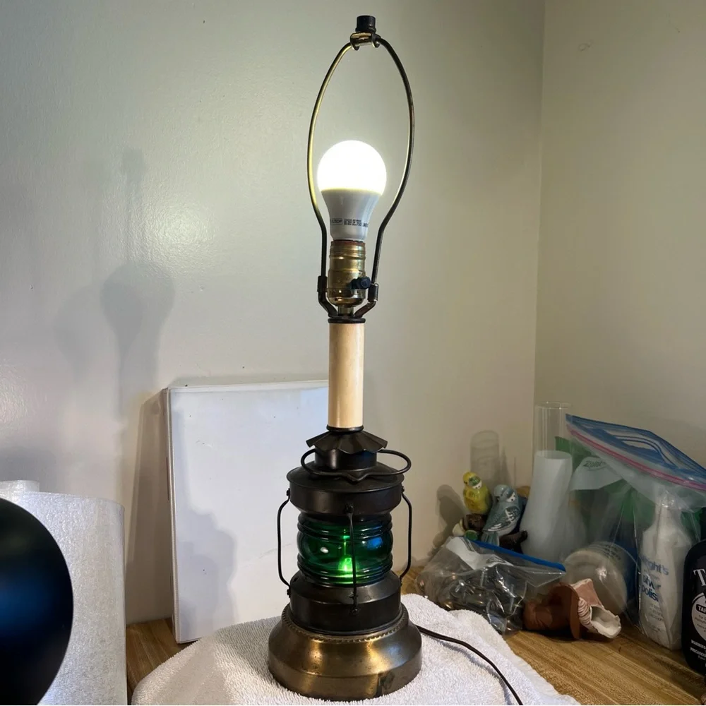 Vintage Nautical Lantern Electric Lamp Green Glass Lantern Base 3-Way Lamp - Picture 1 of 16